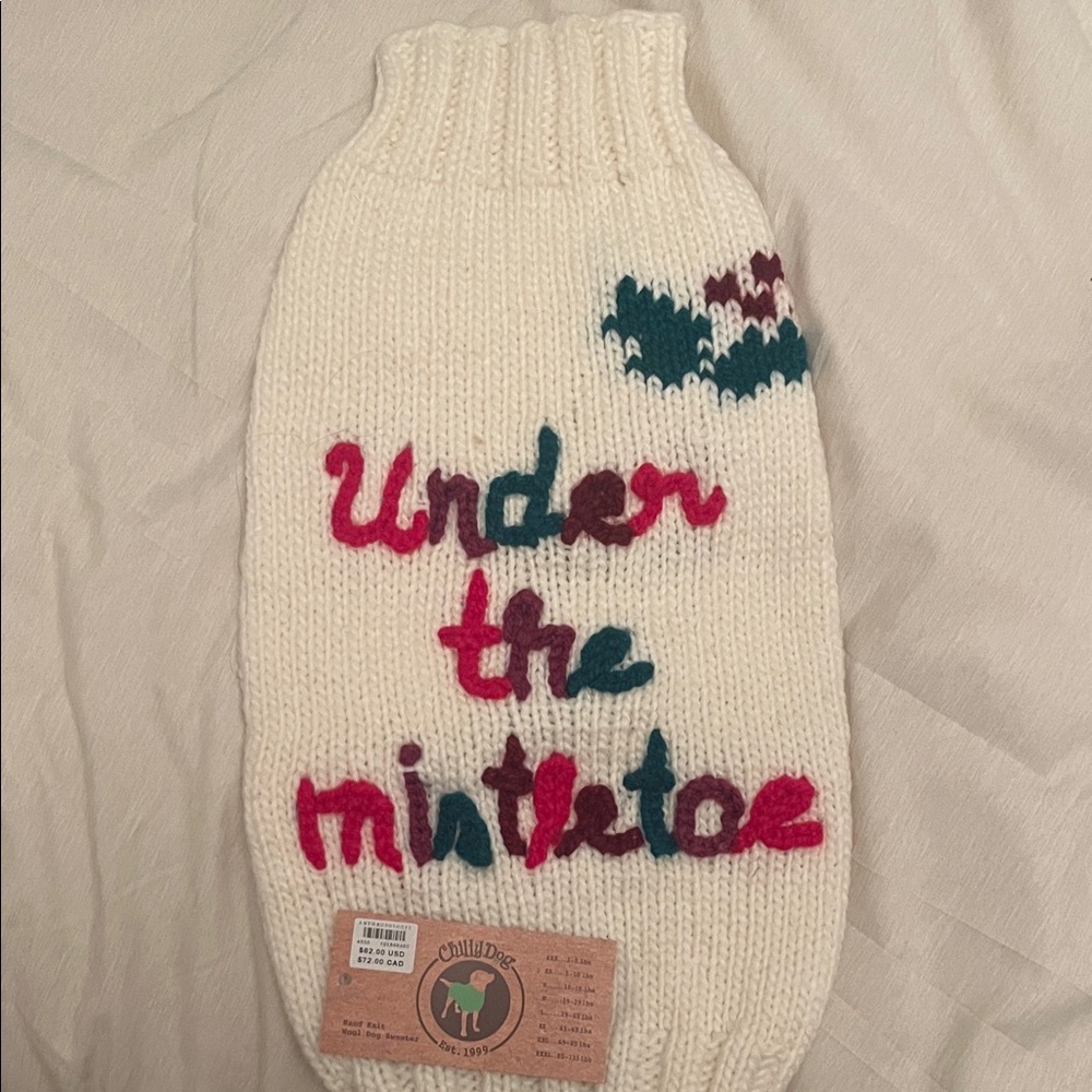 Anthropologie Cream Knit 'Under the Mistletoe' Embroidered Dog Sweater